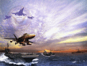Jets taking off from a Navy carrier at dawn